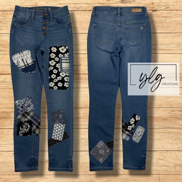 Justice Skinny Jeans Boho Patched Blue Black Plaid Button Snap Fly Size 12 - Picture 1 of 12